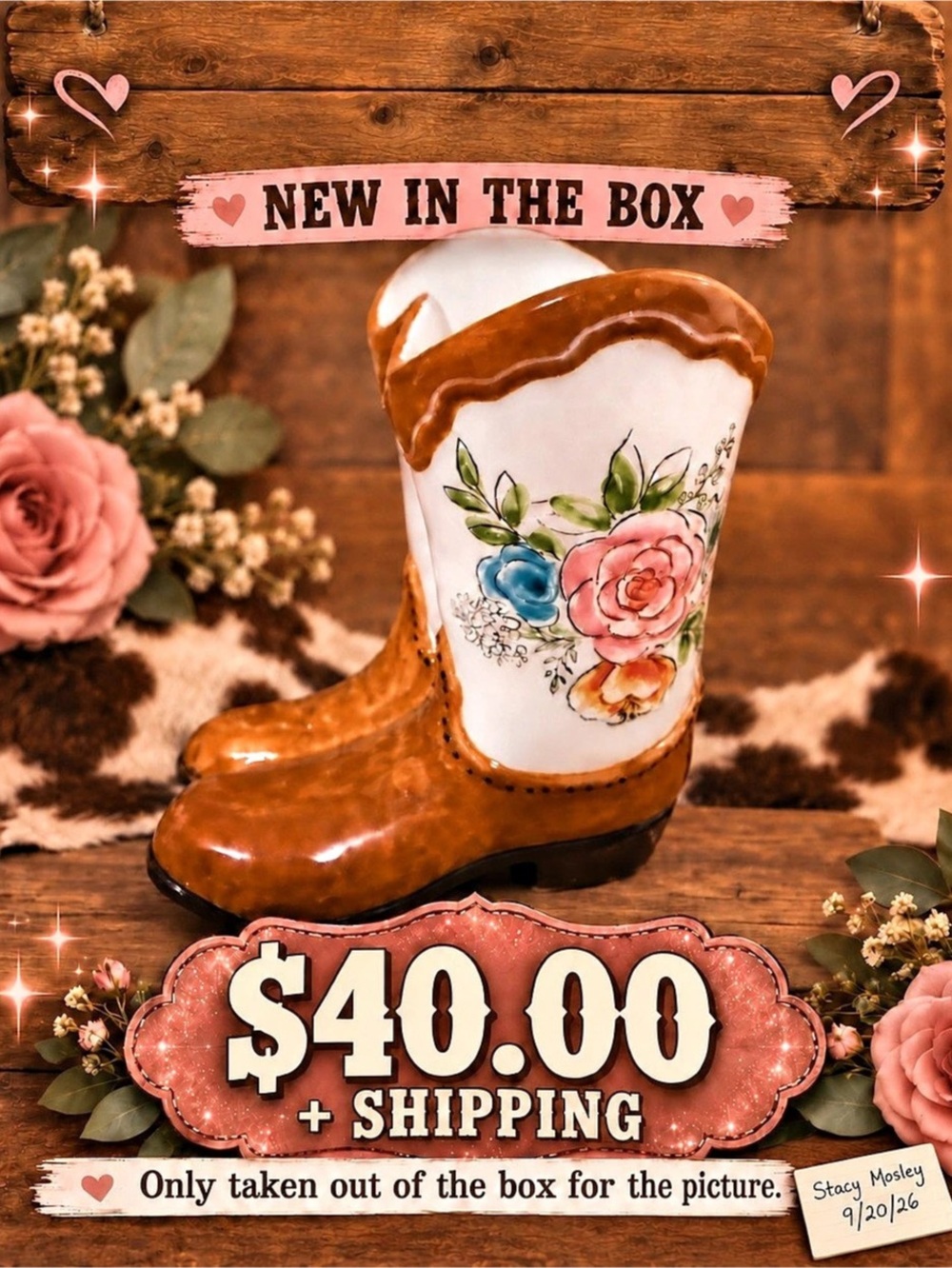 Floral Ceramic Boot Decor - Brown & White